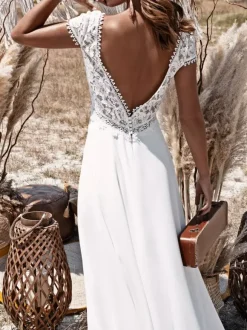 Ivory Wedding Dresses With Train V-Neck Short Sleeves Backless Lace Long Boho Bridal Gowns Free Customization