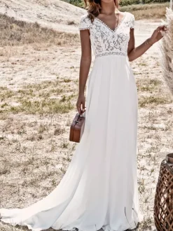 Ivory Wedding Dresses With Train V-Neck Short Sleeves Backless Lace Long Boho Bridal Gowns Free Customization