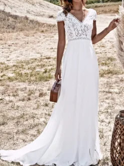 Ivory Wedding Dresses With Train V-Neck Short Sleeves Backless Lace Long Boho Bridal Gowns Free Customization