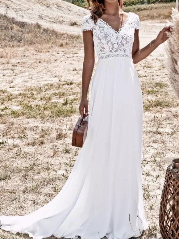 Ivory Wedding Dresses With Train V-Neck Short Sleeves Backless Lace Long Boho Bridal Gowns Free Customization