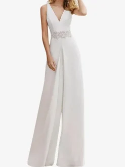 Ivory Wedding Jumpsuit V-Neck Ankle Length Sleeveless Stretch Crepe Zipper Cut Out Bridal Jumpsuits Free Customization