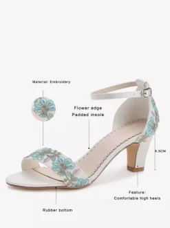 Ivory Wedding Shoes Floral Embroidered Open Toe Chunky Heel Bridal Shoes