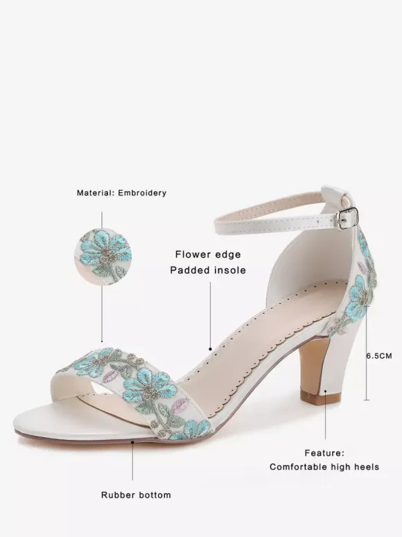 Ivory Wedding Shoes Floral Embroidered Open Toe Chunky Heel Bridal Shoes