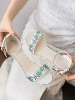 Ivory Wedding Shoes Floral Embroidered Open Toe Chunky Heel Bridal Shoes