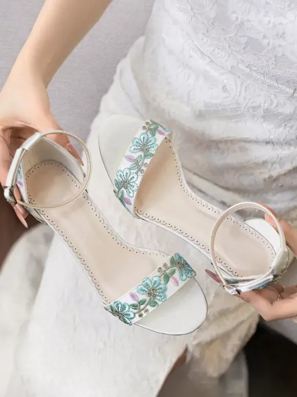 Ivory Wedding Shoes Floral Embroidered Open Toe Chunky Heel Bridal Shoes