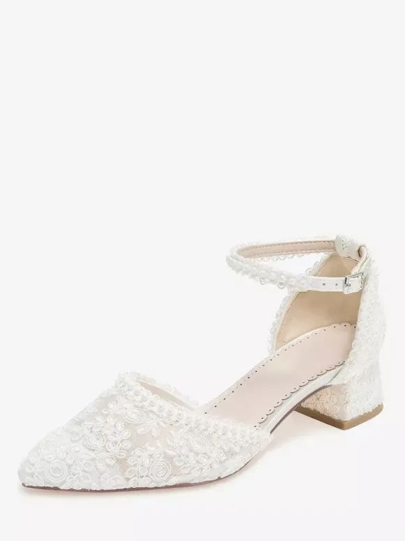 Ivory Wedding Shoes Lace Applique Pointed Toe Chunky Heel Ankle Strap Bridal Shoes