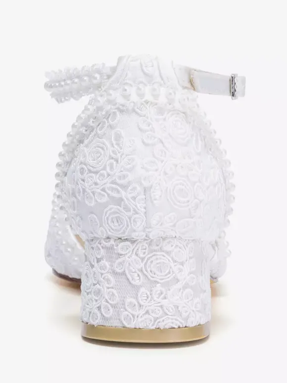 Ivory Wedding Shoes Lace Applique Pointed Toe Chunky Heel Ankle Strap Bridal Shoes