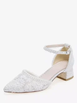 Ivory Wedding Shoes Lace Applique Pointed Toe Chunky Heel Ankle Strap Bridal Shoes