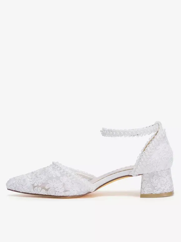 Ivory Wedding Shoes Lace Applique Pointed Toe Chunky Heel Ankle Strap Bridal Shoes