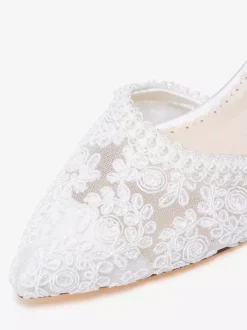 Ivory Wedding Shoes Lace Applique Pointed Toe Chunky Heel Ankle Strap Bridal Shoes