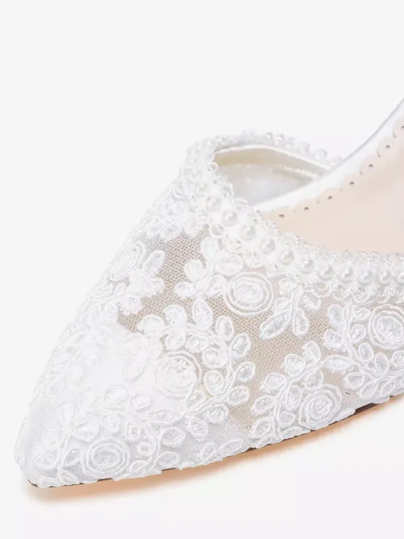 Ivory Wedding Shoes Lace Applique Pointed Toe Chunky Heel Ankle Strap Bridal Shoes