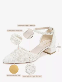 Ivory Wedding Shoes Lace Applique Pointed Toe Chunky Heel Ankle Strap Bridal Shoes