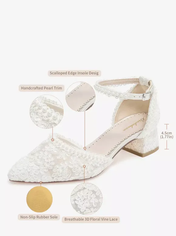 Ivory Wedding Shoes Lace Applique Pointed Toe Chunky Heel Ankle Strap Bridal Shoes