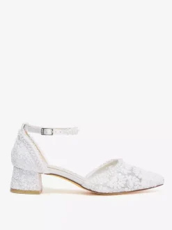 Ivory Wedding Shoes Lace Applique Pointed Toe Chunky Heel Ankle Strap Bridal Shoes