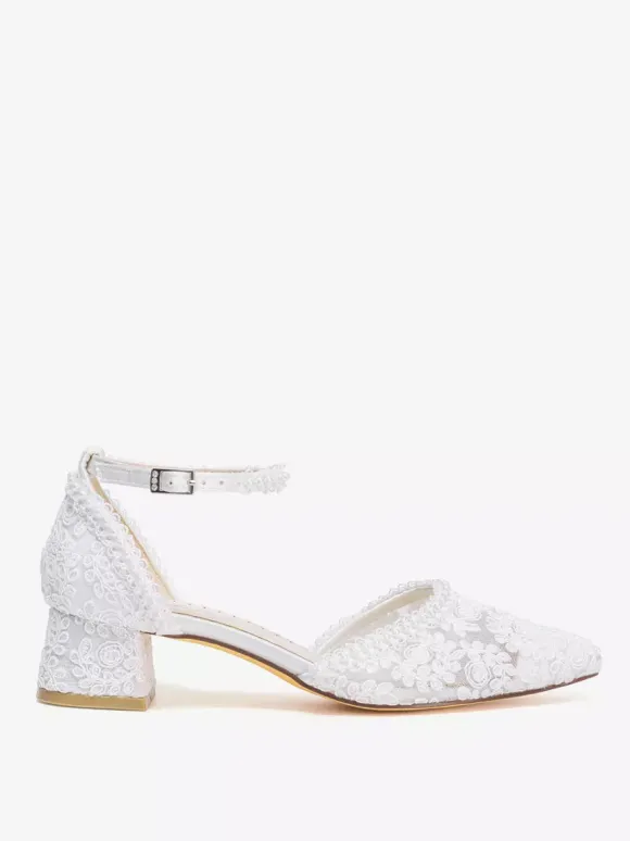 Ivory Wedding Shoes Lace Applique Pointed Toe Chunky Heel Ankle Strap Bridal Shoes