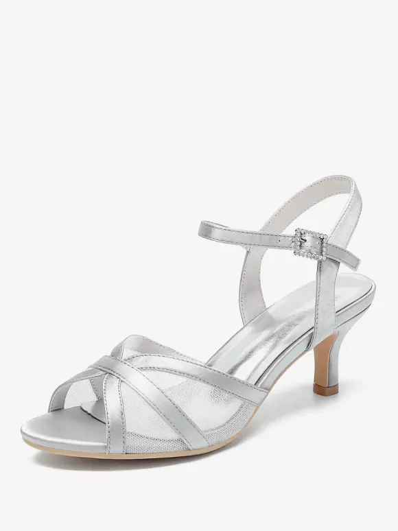 Ivory Wedding Shoes Satin Mesh Open Toe Kitten Heel Bridal Wedding Guest Shoes