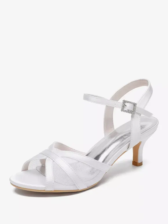 Ivory Wedding Shoes Satin Mesh Open Toe Kitten Heel Bridal Wedding Guest Shoes