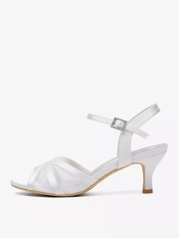Ivory Wedding Shoes Satin Mesh Open Toe Kitten Heel Bridal Wedding Guest Shoes