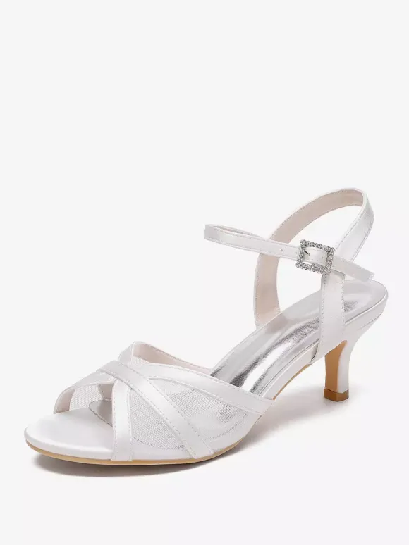 Ivory Wedding Shoes Satin Mesh Open Toe Kitten Heel Bridal Wedding Guest Shoes