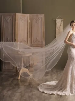 Ivory Wedding Veils One-Tier Tulle Finished Edge Waterfall Long Bridal Veil