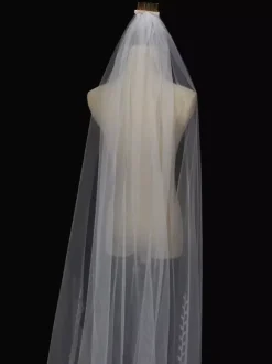 Ivory Wedding Veils One-Tier Tulle Finished Edge Waterfall Long Bridal Veil