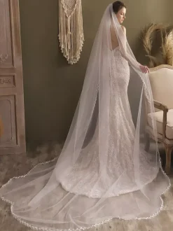 Ivory Wedding Veils One-Tier Tulle Finished Edge Waterfall Long Bridal Veil