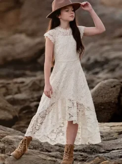 Ivory Boho Lace Flower Girl Dress Jewel Neck Short Sleeves Girl Birthday Dress
