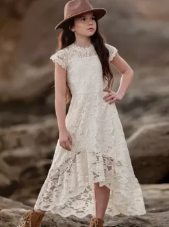 Ivory Boho Lace Flower Girl Dress Jewel Neck Short Sleeves Girl Birthday Dress