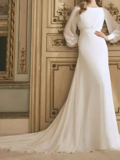 Ivory Boho Mermaid Wedding Dress With Train A-Line Long Sleeves Jewel Neck Backless Bridal Gowns Free Customization