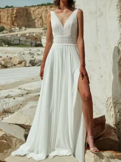 Ivory Boho Wedding Dress Chiffon Split Front A-Line Sweep Backless Sleeveless V-Neck Bridal Dresses