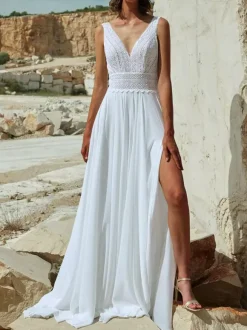 Ivory Boho Wedding Dress Chiffon Split Front A-Line Sweep Backless Sleeveless V-Neck Bridal Dresses