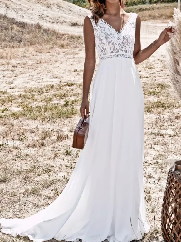 Ivory Boho Wedding Dress Lace A-Line With Train Backless Sleeveless V-Neck Bridal Dresses Free Customization