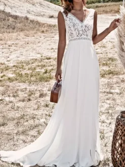 Ivory Boho Wedding Dress Lace A-Line With Train Backless Sleeveless V-Neck Bridal Dresses Free Customization