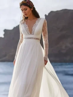 Ivory Boho Wedding Dress Lace A-Line Sweep Long Sleeves V-Neck Bridal Dress Free Customization