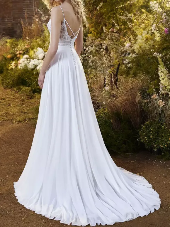 Ivory Boho Wedding Dress With Train A-Line Sleeveless V-Neck Backless Lace Bridal Gowns Free Customization