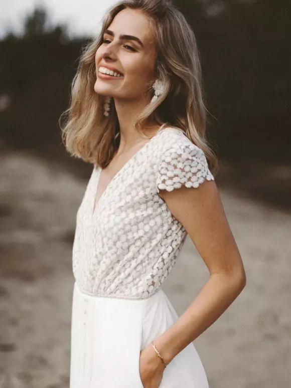 Ivory Bridal Jumpsuit Chiffon Lace Floor-Length A-Line Jewel Neck Short Sleeves Bridal Jumpsuit Free Customization