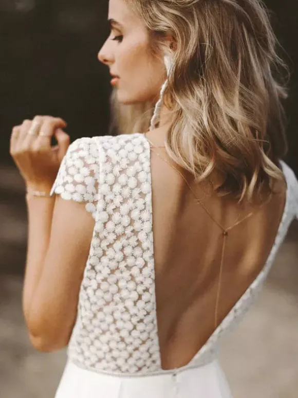 Ivory Bridal Jumpsuit Chiffon Lace Floor-Length A-Line Jewel Neck Short Sleeves Bridal Jumpsuit Free Customization