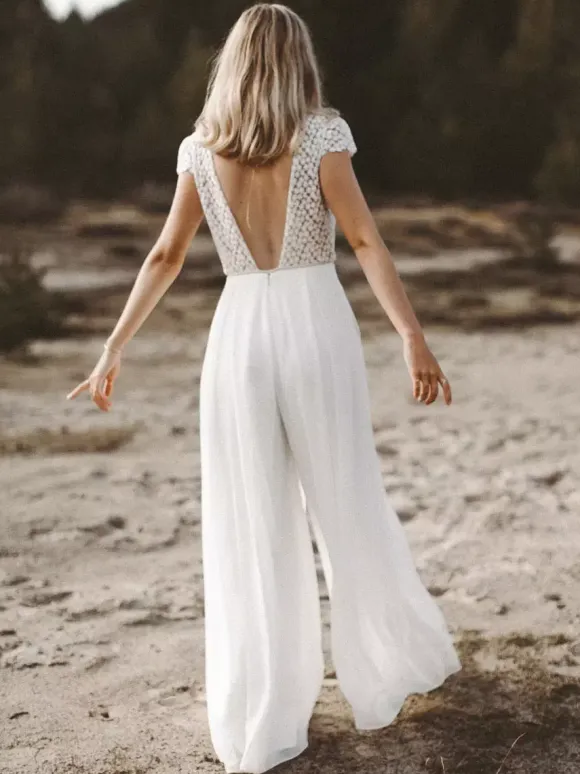 Ivory Bridal Jumpsuit Chiffon Lace Floor-Length A-Line Jewel Neck Short Sleeves Bridal Jumpsuit Free Customization