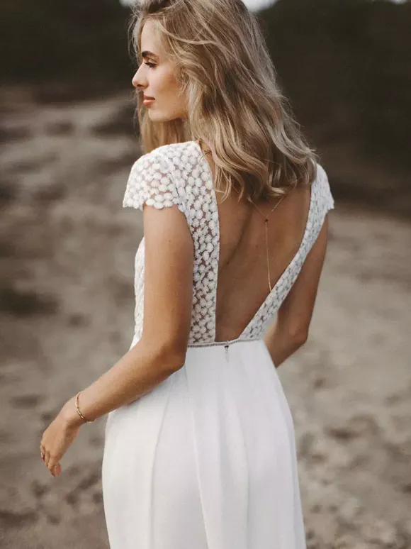 Ivory Bridal Jumpsuit Chiffon Lace Floor-Length A-Line Jewel Neck Short Sleeves Bridal Jumpsuit Free Customization