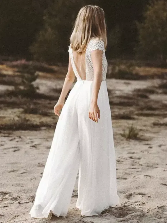 Ivory Bridal Jumpsuit Chiffon Lace Floor-Length A-Line Jewel Neck Short Sleeves Bridal Jumpsuit Free Customization
