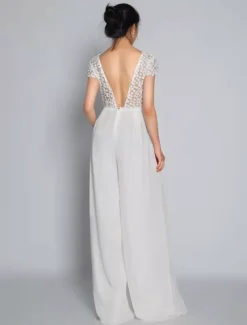 Ivory Bridal Jumpsuit Chiffon Lace Floor-Length A-Line Jewel Neck Short Sleeves Bridal Jumpsuit Free Customization