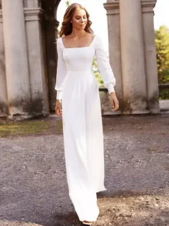 Ivory Bridal Jumpsuit Floor-Length A-Line Square Neck Long Sleeves Wedding Outfits Free Customization