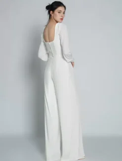Ivory Bridal Jumpsuit Floor-Length A-Line Square Neck Long Sleeves Wedding Outfits Free Customization
