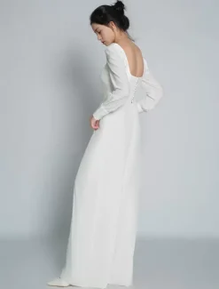 Ivory Bridal Jumpsuit Floor-Length A-Line Square Neck Long Sleeves Wedding Outfits Free Customization