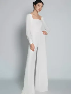 Ivory Bridal Jumpsuit Floor-Length A-Line Square Neck Long Sleeves Wedding Outfits Free Customization