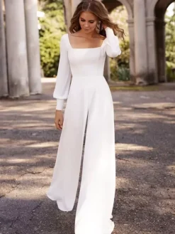 Ivory Bridal Jumpsuit Floor-Length A-Line Square Neck Long Sleeves Wedding Outfits Free Customization