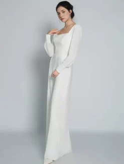 Ivory Bridal Jumpsuit Floor-Length A-Line Square Neck Long Sleeves Wedding Outfits Free Customization