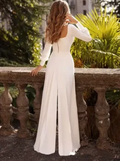 Ivory Bridal Jumpsuit Floor-Length A-Line Square Neck Long Sleeves Wedding Outfits Free Customization