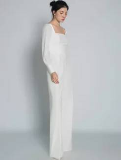 Ivory Bridal Jumpsuit Floor-Length A-Line Square Neck Long Sleeves Wedding Outfits Free Customization