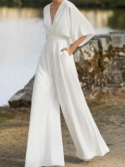Ivory Bridal Jumpsuit 2026 Floor-Length A-Line V-Neck Half Sleeves Wedding Jumpsuit Free Customization